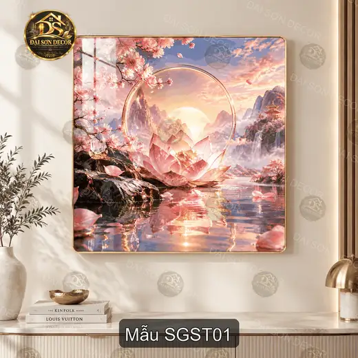 Tranh tráng gương vuông Sen giữa sơn thủy decor phòng khách cao cấp