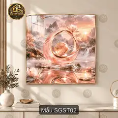 Tranh tráng gương vuông Sen giữa sơn thủy decor phòng khách cao cấp