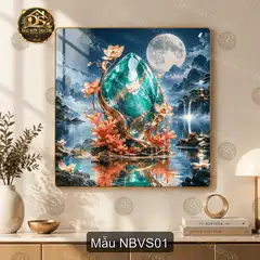 Tranh treo tường ngọc bích hoa sen phong cảnh trăng hồ nước decor phòng khách quà tặng
