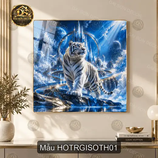 Tranh tráng gương hổ trắng giữa sơn thủy decor phòng khách quà tặng