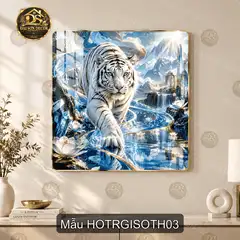 Tranh tráng gương hổ trắng giữa sơn thủy decor phòng khách quà tặng