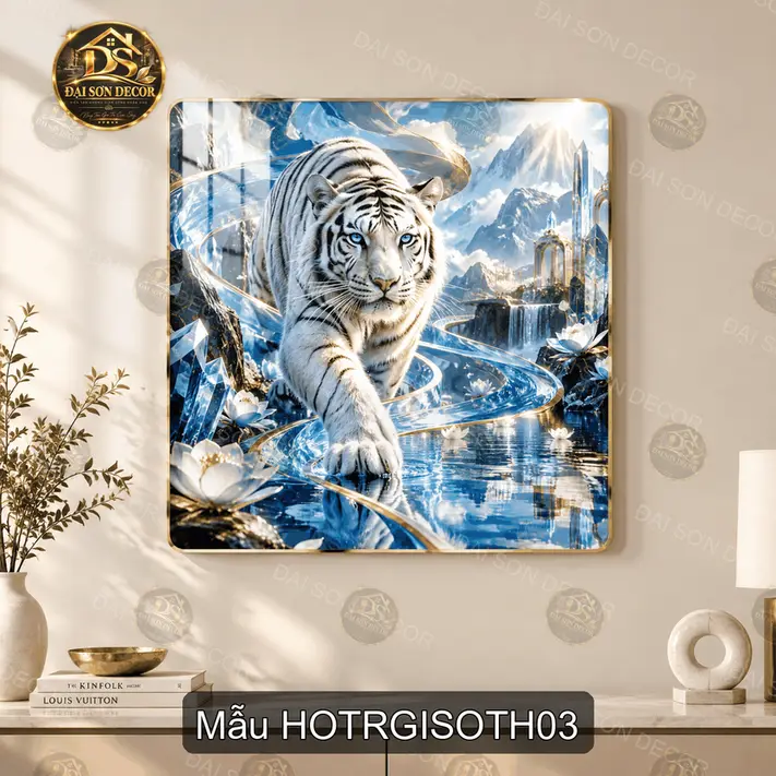 Tranh tráng gương hổ trắng giữa sơn thủy decor phòng khách quà tặng