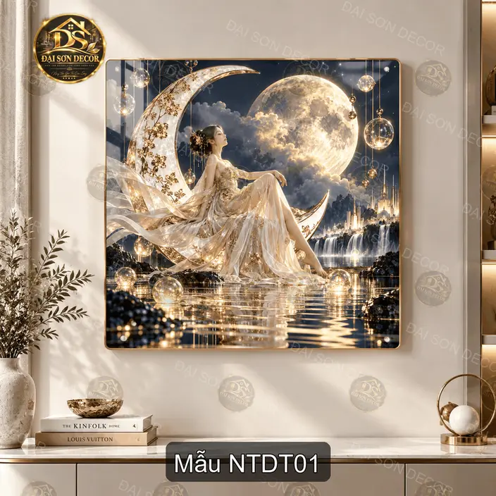 Tranh tráng gương Nàng thơ dưới trăng decor phòng khách, quà tặng tinh tế