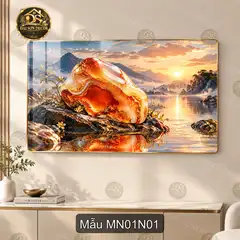 Tranh tráng gương Mã não 001 phong cảnh hồ núi hoàng hôn decor phòng khách sang trọng