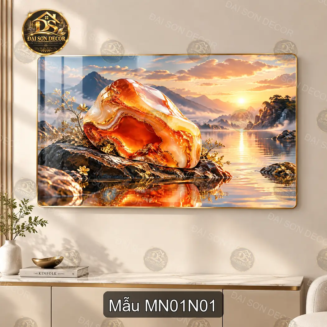 Tranh tráng gương Mã não 001 phong cảnh hồ núi hoàng hôn decor phòng khách sang trọng