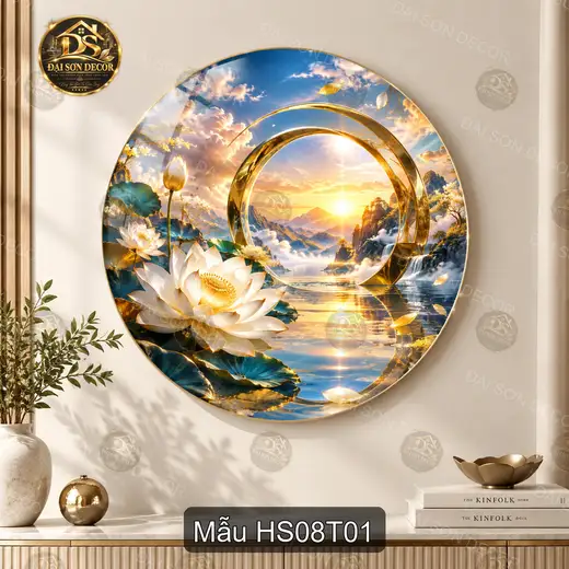 Tranh tròn Hoa sen 008 tráng gương phong cảnh sơn thủy decor phòng khách sang trọng