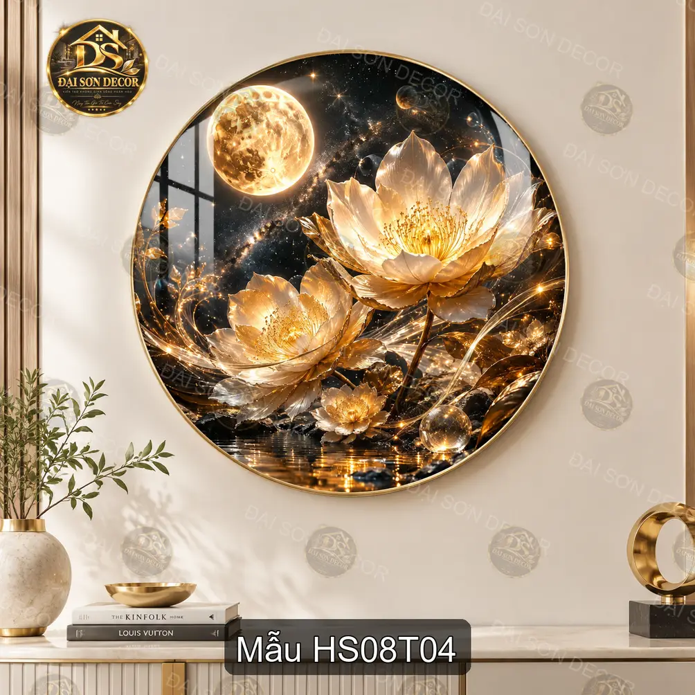 Tranh tròn Hoa sen 008 tráng gương phong cảnh sơn thủy decor phòng khách sang trọng