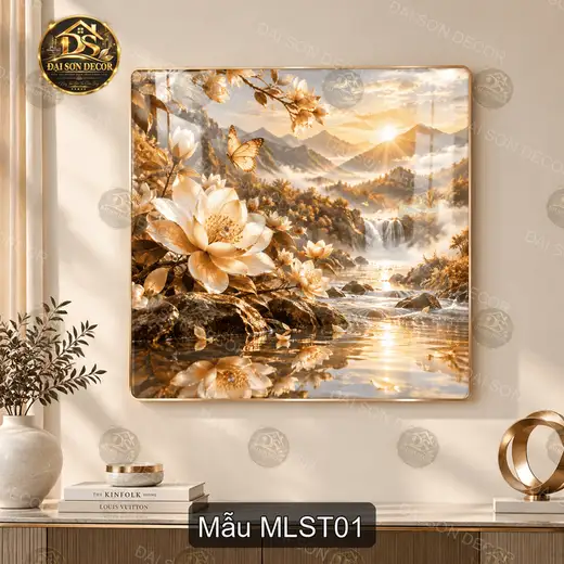 Tranh tráng gương Mộc Lan Sơn Thủy hoa mộc lan núi non thác nước decor phòng khách