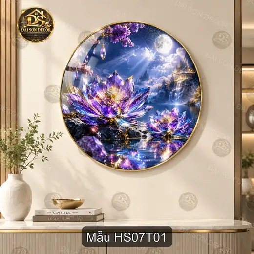 Tranh tròn tráng gương Hoa sen 007 phong cách hiện đại decor tường phòng khách sáng đẹp