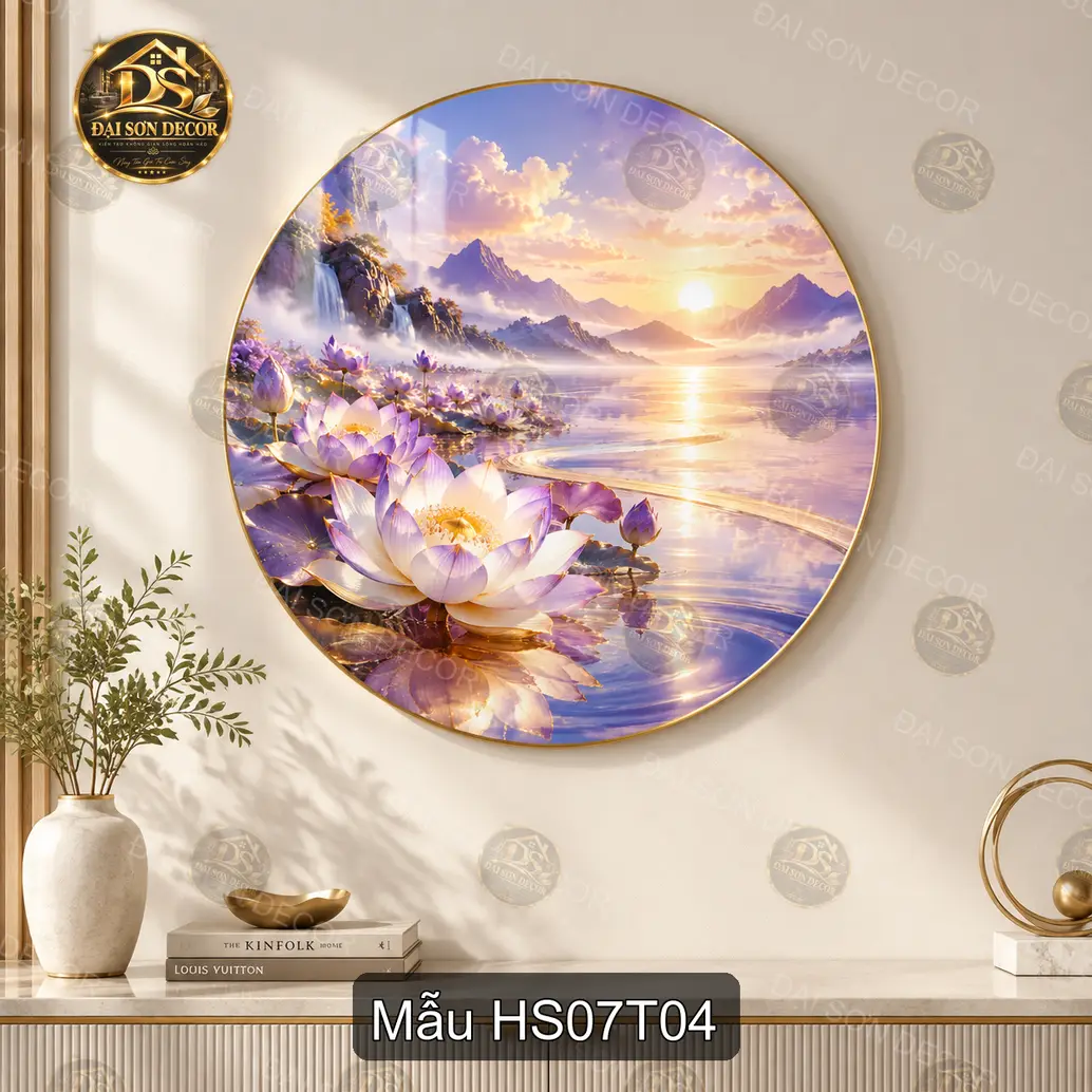 Tranh tròn tráng gương Hoa sen 007 phong cách hiện đại decor tường phòng khách sáng đẹp