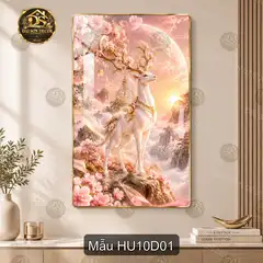 Tranh tráng gương Hươu 010 hoa đào treo dọc decor phòng khách phòng làm việc nghệ thuật
