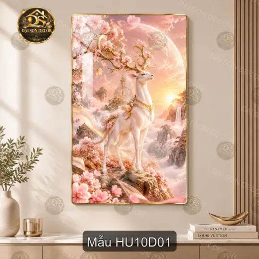 Tranh tráng gương Hươu 010 hoa đào treo dọc decor phòng khách phòng làm việc nghệ thuật