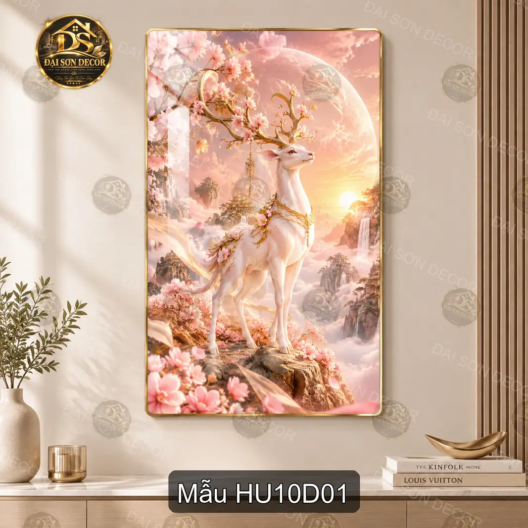 Tranh tráng gương Hươu 010 hoa đào treo dọc decor phòng khách phòng làm việc nghệ thuật