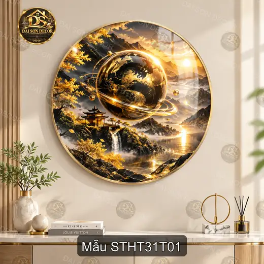 Tranh tròn tráng gương Sơn thủy hữu tình 031 hiện đại sáng đẹp treo tường phòng khách