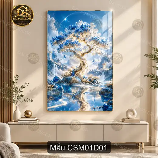 Tranh tráng gương Cây sinh mệnh 001 xanh trắng treo tường decor phòng khách quà tặng
