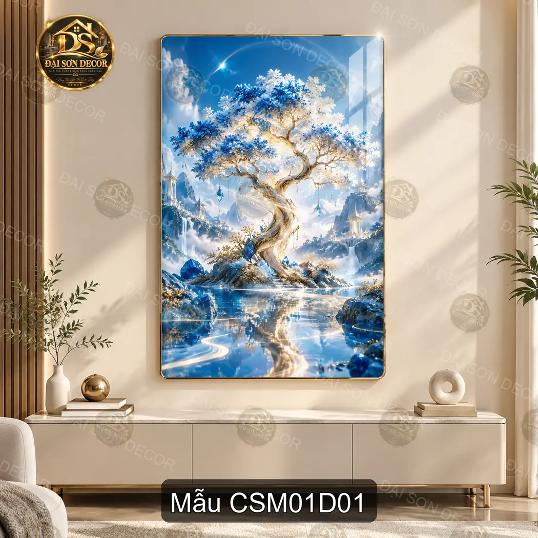 Tranh tráng gương Cây sinh mệnh 001 xanh trắng treo tường decor phòng khách quà tặng