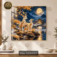 Tranh tráng gương vuông Gia đình hươu vàng trang trí phòng khách phong cách sơn thủy