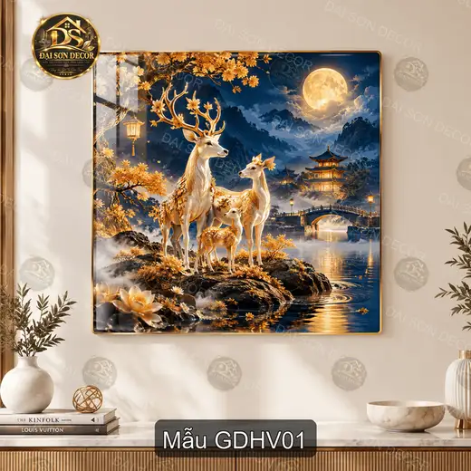 Tranh tráng gương vuông Gia đình hươu vàng trang trí phòng khách phong cách sơn thủy