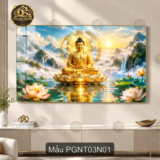 Tranh Phật giáo nghệ thuật 003 Đức Phật ngồi thiền hoa sen decor phòng khách