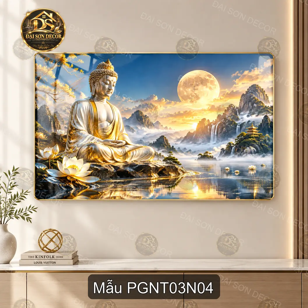 Tranh Phật giáo nghệ thuật 003 Đức Phật ngồi thiền hoa sen decor phòng khách