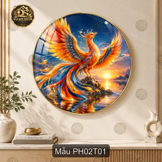 Tranh tròn tráng gương Phượng hoàng 002 decor phòng khách phong cách sang trọng