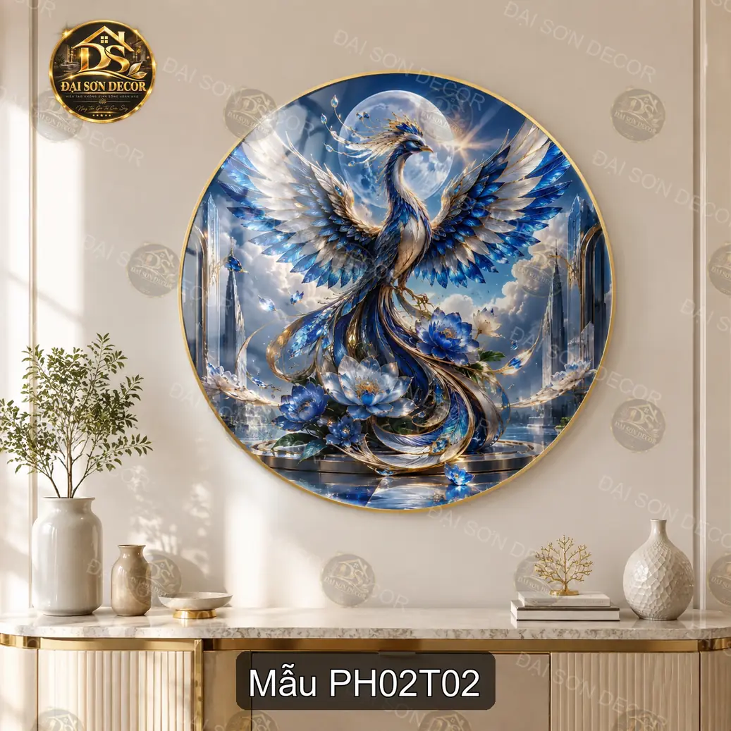 Tranh tròn tráng gương Phượng hoàng 002 decor phòng khách phong cách sang trọng