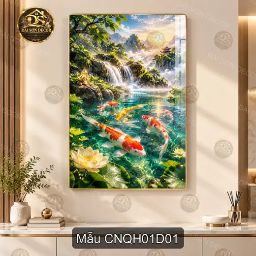 Tranh tráng gương Cửu ngư quần hội thác nước hoa sen dọc decor phòng khách sang trọng