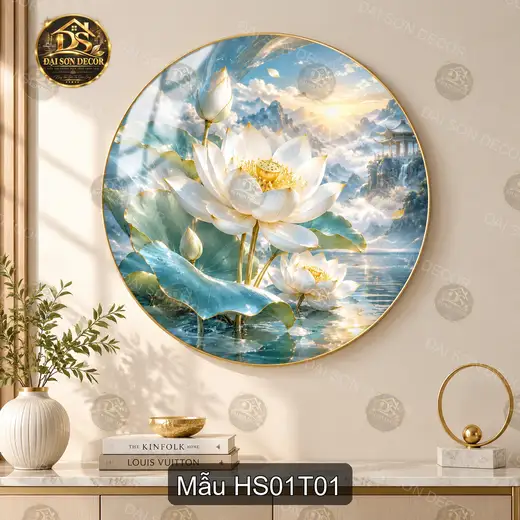 Tranh tròn hoa sen 001 tráng gương phong cảnh hồ sen núi non trang trí phòng khách