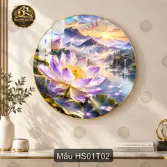 Tranh tròn hoa sen 001 tráng gương phong cảnh hồ sen núi non trang trí phòng khách