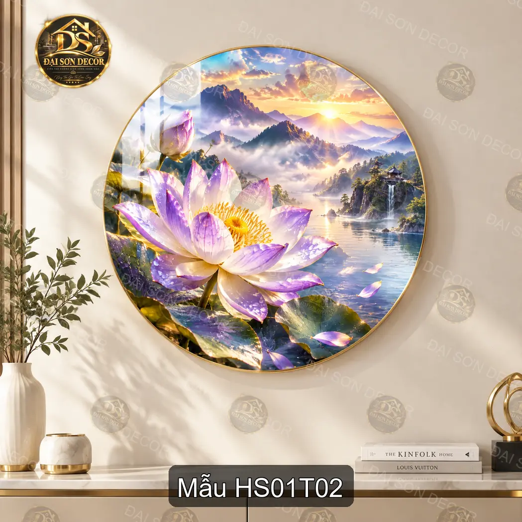 Tranh tròn hoa sen 001 tráng gương phong cảnh hồ sen núi non trang trí phòng khách