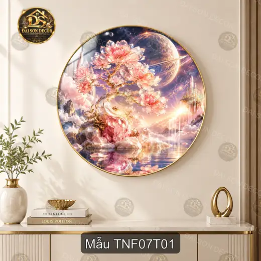 Tranh tráng gương tròn Thiên nhiên fantasy 007 hoa anh đào vũ trụ decor phòng khách