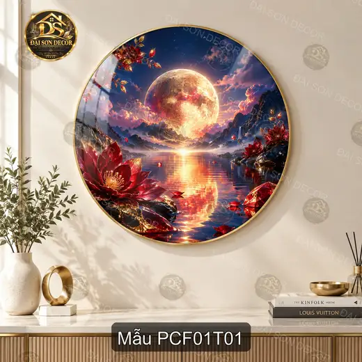 Tranh tròn tráng gương phong cảnh fantasy mặt trăng hồ núi hoa đỏ sang trọng decor phòng khách
