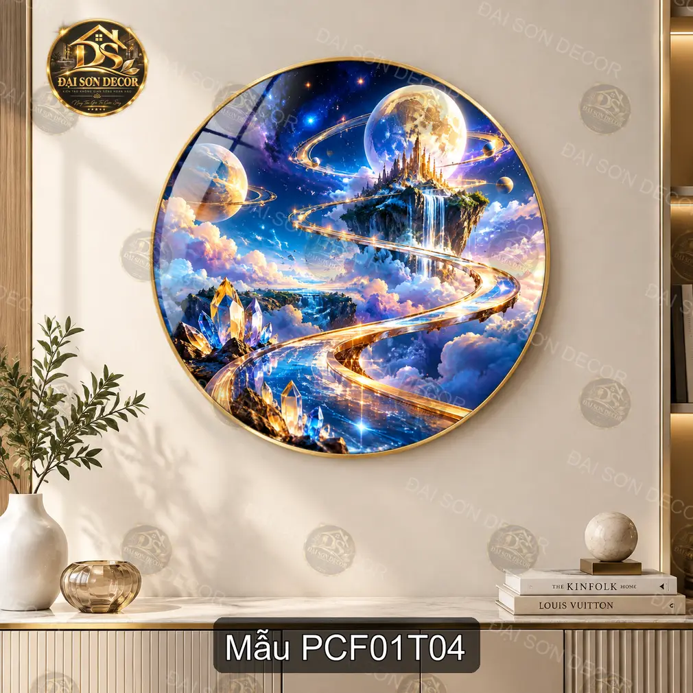 Tranh tròn tráng gương phong cảnh fantasy mặt trăng hồ núi hoa đỏ sang trọng decor phòng khách