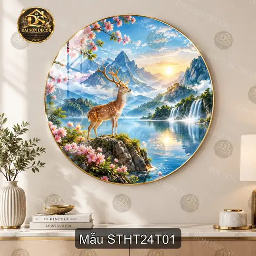 Tranh phong cảnh tròn tráng gương Sơn thủy hữu tình 024 hươu núi hồ treo tường