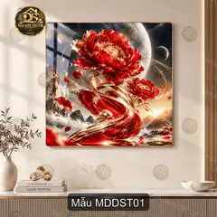 Tranh tráng gương hoa mẫu đơn đỏ sơn thủy vuông treo tường decor phòng khách