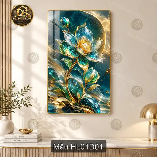 Tranh tráng gương Hoa lá 001 sen xanh nghệ thuật dọc decor phòng khách phong cách sang trọng