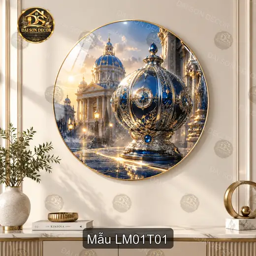 Tranh tròn tráng gương quả cầu xanh kiến trúc cổ điển Luxury modern 001 decor phòng khách
