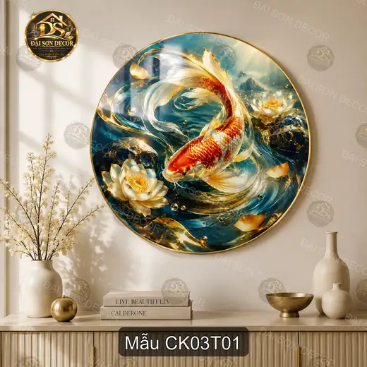 Tranh tròn cá Koi 003 tráng gương sang trọng decor phòng khách dễ phối nội thất