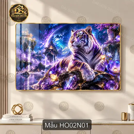 Tranh tráng gương Hổ 002 cảnh vũ trụ hoa sen tím decor phòng khách sang trọng