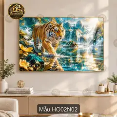Tranh tráng gương Hổ 002 cảnh vũ trụ hoa sen tím decor phòng khách sang trọng