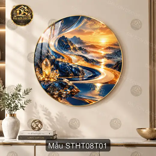 Tranh tròn tráng gương Sơn thủy hữu tình 008 decor phòng khách sang trọng