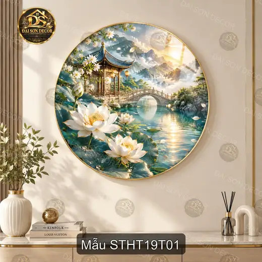 Tranh tròn tráng gương Sơn thủy hữu tình 019 hoa sen non nước sang trọng decor phòng khách