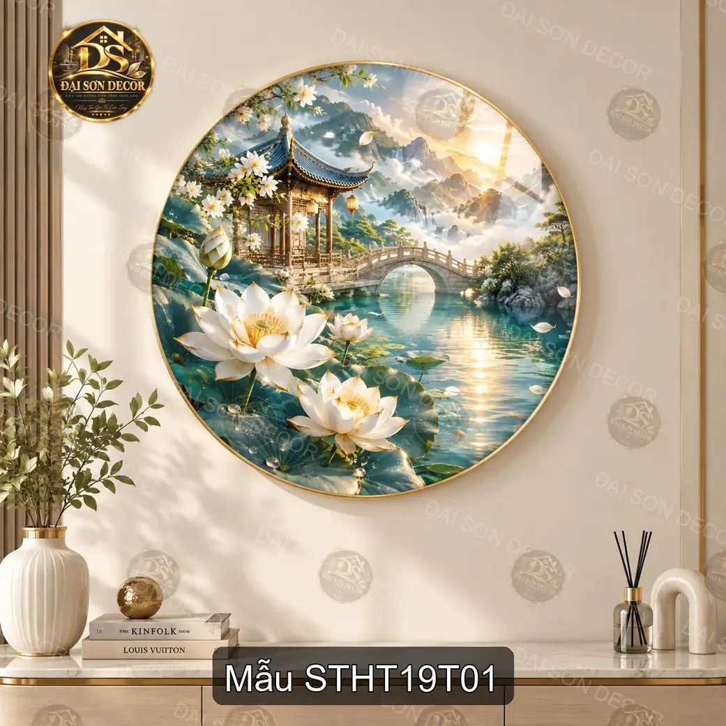 Tranh tròn tráng gương Sơn thủy hữu tình 019 hoa sen non nước sang trọng decor phòng khách