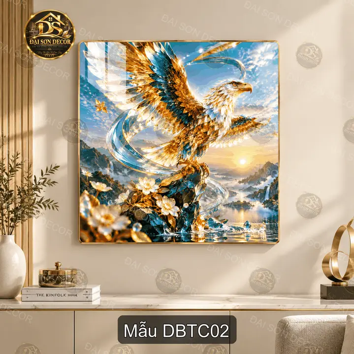 Tranh tráng gương vuông Đại bàng tung cánh decor phòng khách sang trọng
