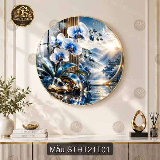 Tranh tròn tráng gương Sơn thủy hữu tình 021 hoa lan xanh núi hồ decor phòng khách