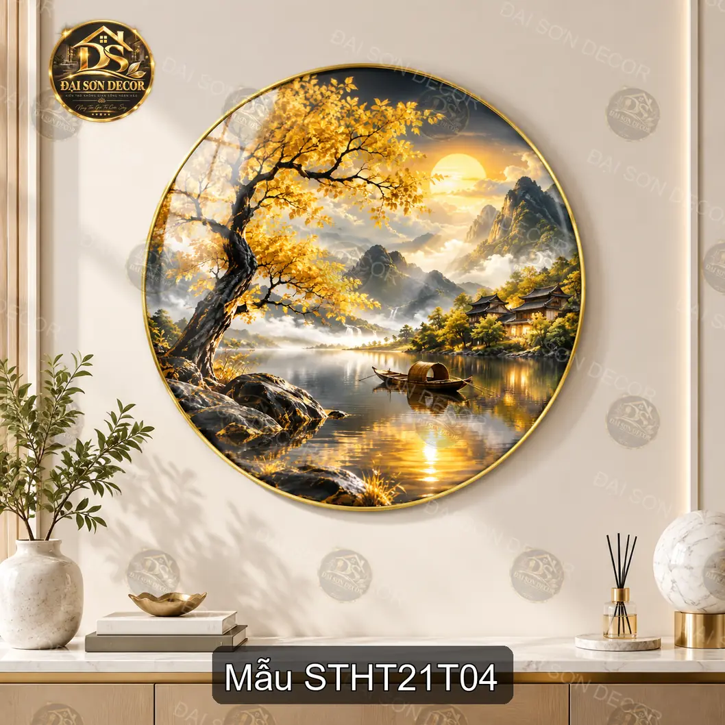 Tranh tròn tráng gương Sơn thủy hữu tình 021 hoa lan xanh núi hồ decor phòng khách