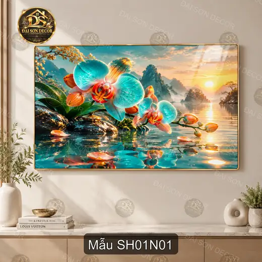 Tranh tráng gương hoa lan hồ nước Sông hồ 001 sang trọng dễ phối nội thất phòng khách