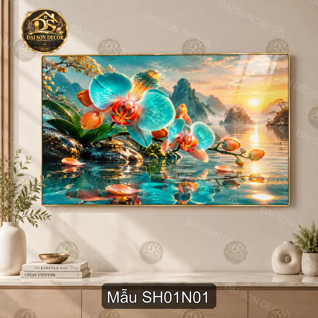 Tranh tráng gương hoa lan hồ nước Sông hồ 001 sang trọng dễ phối nội thất phòng khách