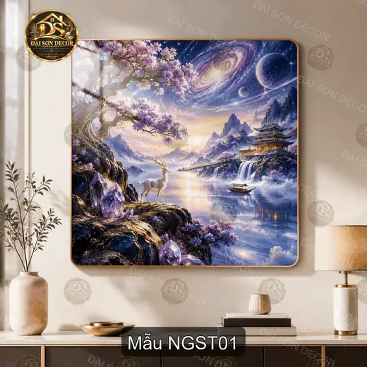 Tranh tráng gương nai giữa sơn thủy phong cảnh huyền ảo decor phòng khách