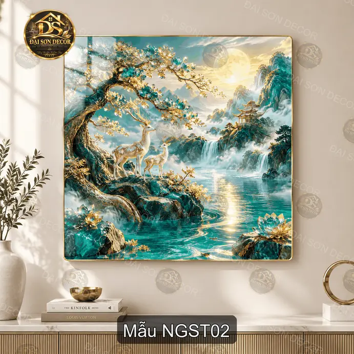 Tranh tráng gương nai giữa sơn thủy phong cảnh huyền ảo decor phòng khách